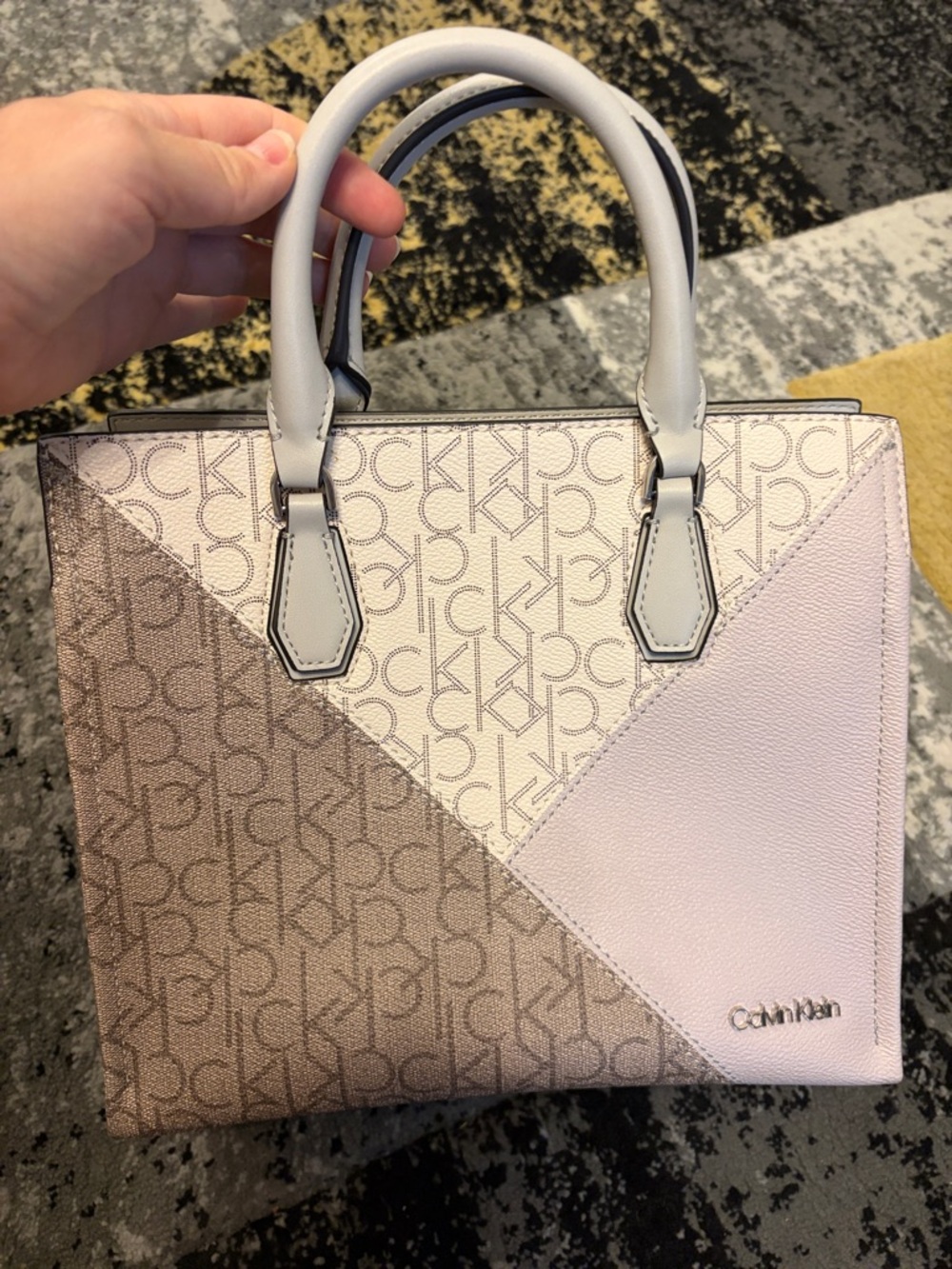 Calvin Klein Tri-Tone Logo Satchel in Pink, Beige & Cream